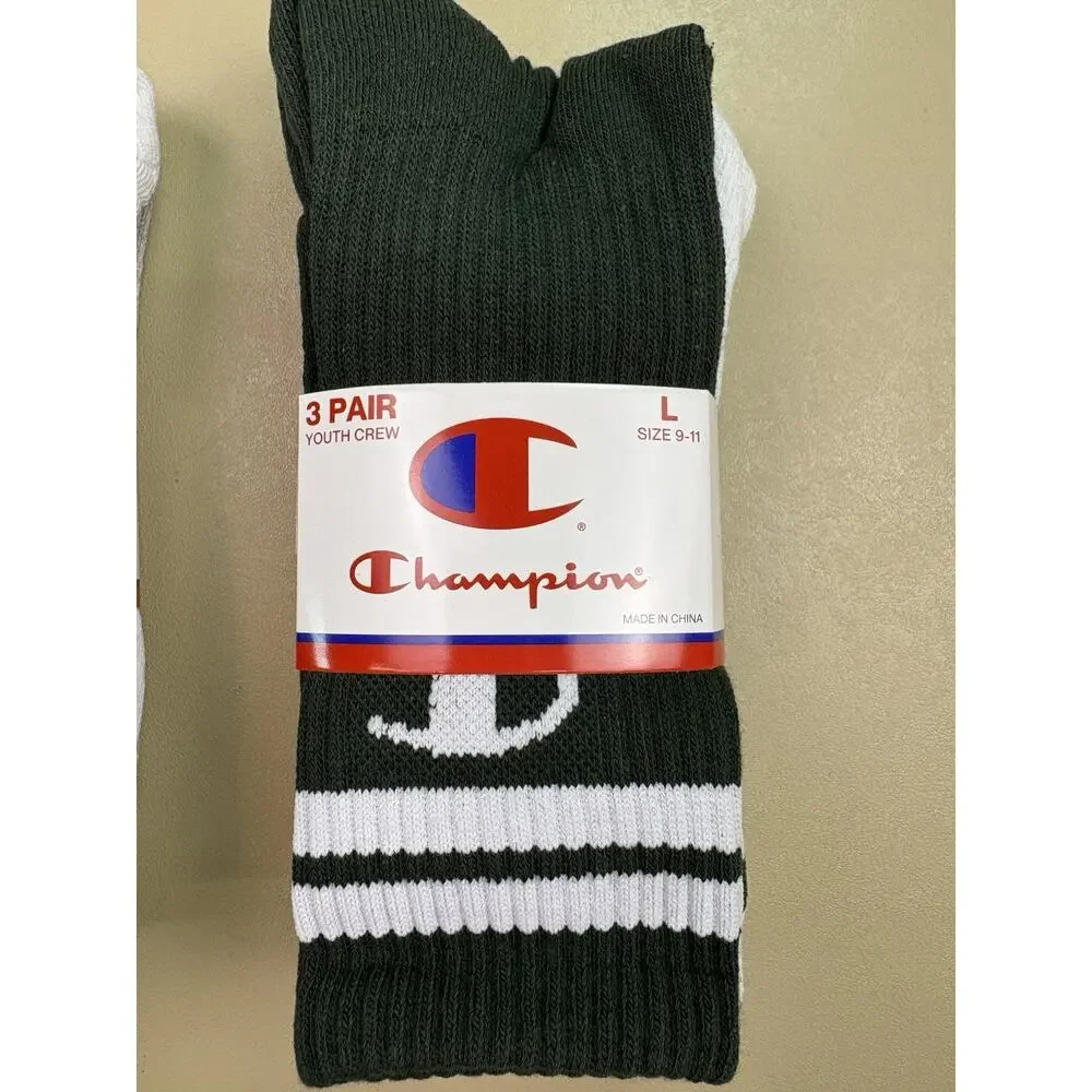 Champion Youth Crew Socks 6 Pair Lot Size L 9-11 Cushioned Stripe